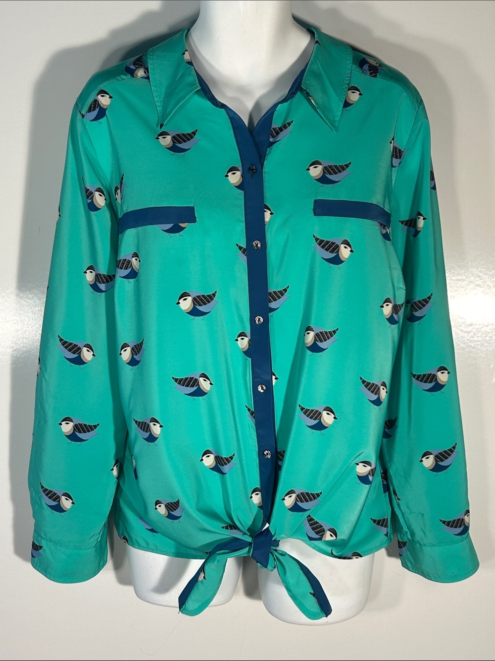 Style & Co SZ 3X Teal Bird Print Tie-Front Blouse Comfy Whimsy Novelty Office